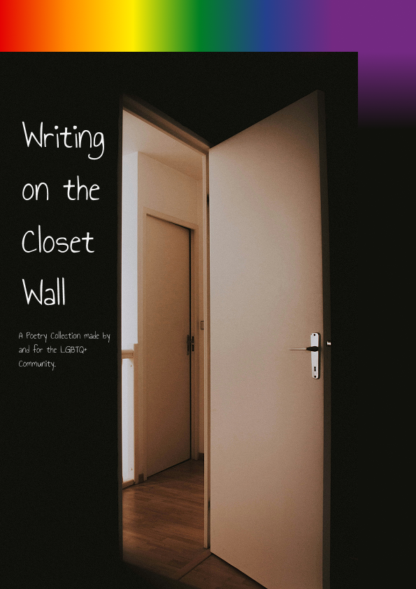 A screenshot the cover of a poetry magazine titled Writing on the Closet Wall. Most of the cover is taken up by a photo taken from the inside of a closet. The door of the closet is open, allowing light from the outside hallway to pour in. The upper border of the cover uses a gradient that resembles the rainbow of the LGBTQ+ Pride Flag.